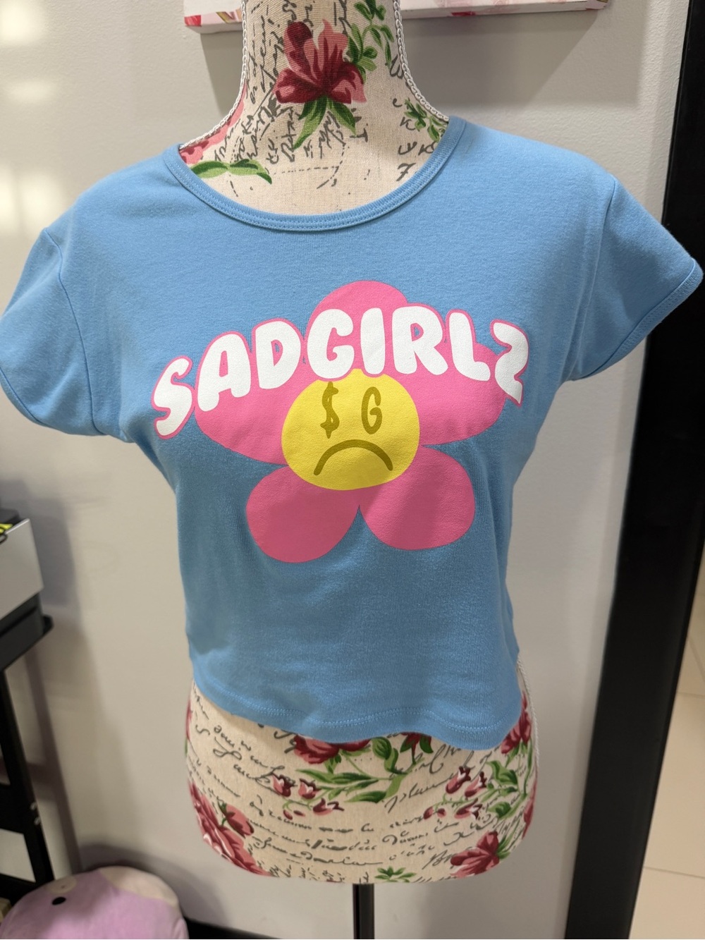 Zumiez Blue 'SADGIRLZ' Graphic Crop Tee with Pink Flower